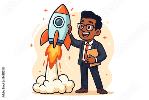 Businessman launching startup rocket. Entrepreneur holding rocket ship with flames. New business venture success, innovation, leadership, opportunity, growth. Cartoon vector illustration concept.