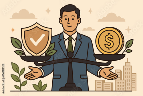 Business Ethics and Leadership Balancing Profit and Integrity. Scale with Businessman Holding Shield with Check Mark and Gold Coin. Corporate Responsibility, Sustainable Success Vector Illustration