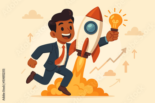 Happy Entrepreneur Launching Innovative Product with Rocket and Lightbulb Idea, Symbolizing Startup Success, Business Growth, Innovation, and New Venture Launch Cartoon Vector