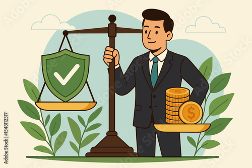Ethical Business Leadership Balancing Principles and Profits, Scales with Shield and Money, Sustainable Success, Corporate Responsibility, Integrity, Decision-Making Vector Illustration