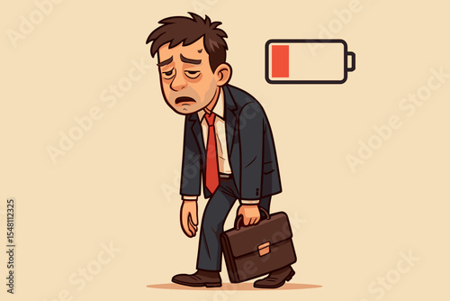 Exhausted businessman slumped with briefcase and low battery icon. Corporate burnout concept of energy depletion, fatigue, stress, need for rest and recovery vector illustration
