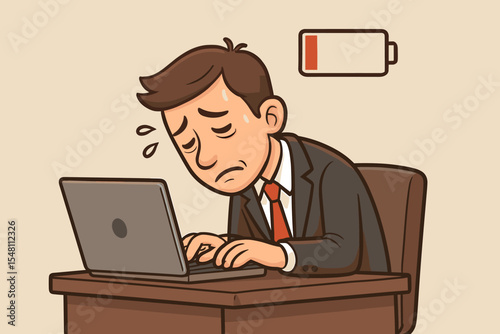 Overworked Tired Businessman Low Battery Icon. Exhaustion Burnout Concept. Fatigued Employee Carrying Briefcase. Workplace Stress. Corporate Fatigue. Energy Depletion. Vector Cartoon Illustration