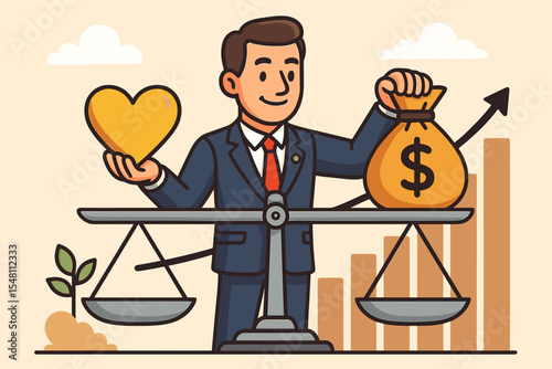 Business Ethics and Profit Balance Concept. Cartoon Vector Illustration of Businessman Weighing Heart and Money Bag on Scales. Corporate Responsibility, Sustainable Success, Integrity, Leadership
