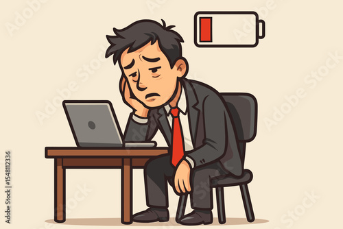 Exhausted businessman cartoon with low battery icon. Corporate burnout vector illustrating energy depletion, office fatigue, productivity decline, stress, need for recharge and rejuvenation