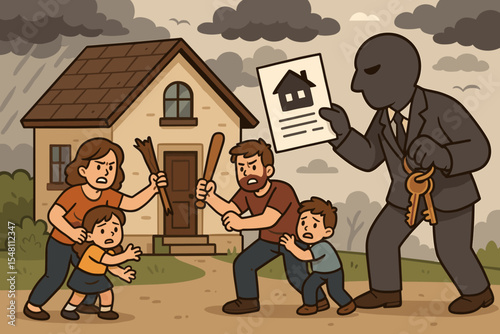 Desperate family resisting eviction by masked bank agent, foreclosure and homelessness crisis, mortgage debt, repossession, legal property dispute, financial hardship, cartoon vector illustration