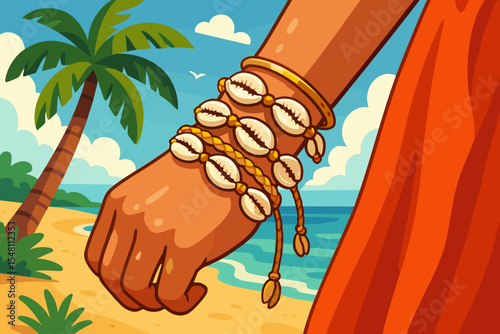 Tropical beach summer fashion with boho cowrie shell bracelets on woman’s wrist, palm tree, sand, ocean background, vacation accessories, jewelry, vector cartoon illustration, no text