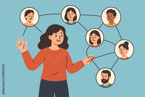 Woman connecting people in social network. Teamwork, communication, networking, community building, relationships, leadership, collaboration. Modern flat vector illustration, diverse characters.