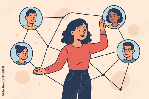 Diverse woman building connections in social network, teamwork collaboration, online communication, community, relationship, networking people, digital link, vector cartoon illustration