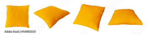 set of different angles of yellow cushion or pillow for interior decoration isolated on background with clipping path, pillowcase mockup, template for design. soft fluffy yellow rectangular pillow.