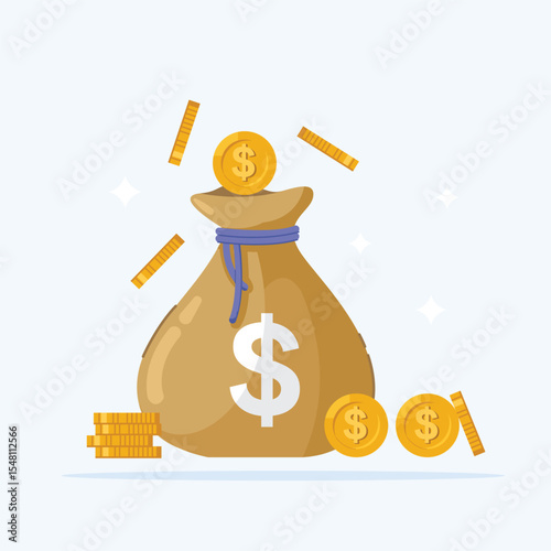 illustration of money bag with scattered coins, symbol of economy and exchange in flat style