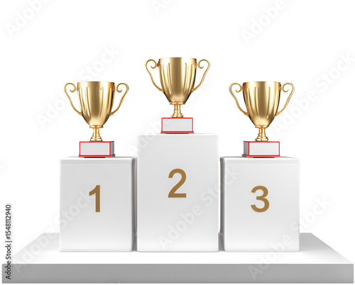 Trophies Displayed on a Podium with First, Second, and Third Places Highlighted on a Transparent Background