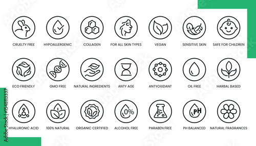 Elegant line icons combining natural elements and beauty items like leaves, flowers, and cosmetics for eco-friendly branding and wellness design.