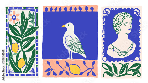 Summer Italy Amalfi Vector illustration of Mediterranean style design decoration. Lemon, seagull, ancient drawing. Mediterranean Italian tile with seagull, lemons, antique bust.