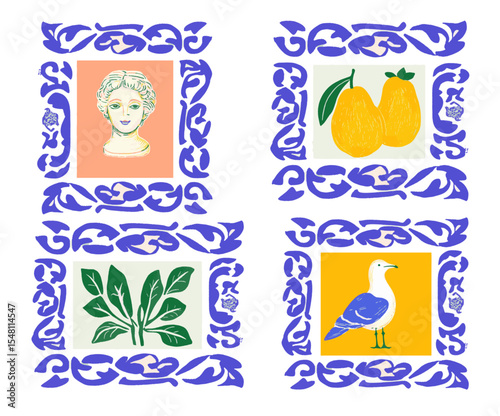 Summer Italy Amalfi Vector illustration of Mediterranean style design decoration. Lemon, seagull, ancient drawing. Mediterranean Italian tile with seagull, lemons, antique bust.