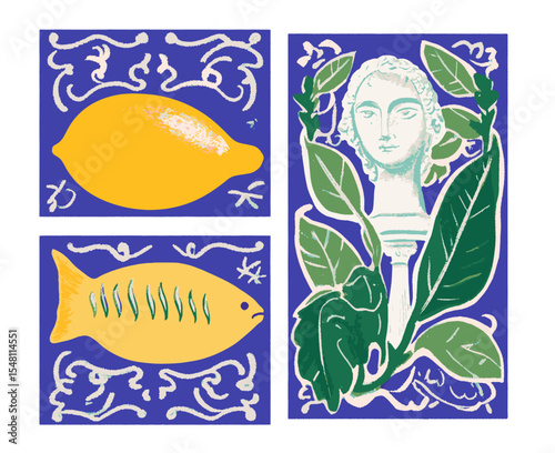 Summer Italy Amalfi Vector illustration of Mediterranean style design decoration. Lemon, seagull, ancient drawing. Mediterranean Italian tile with seagull, lemons, antique bust.