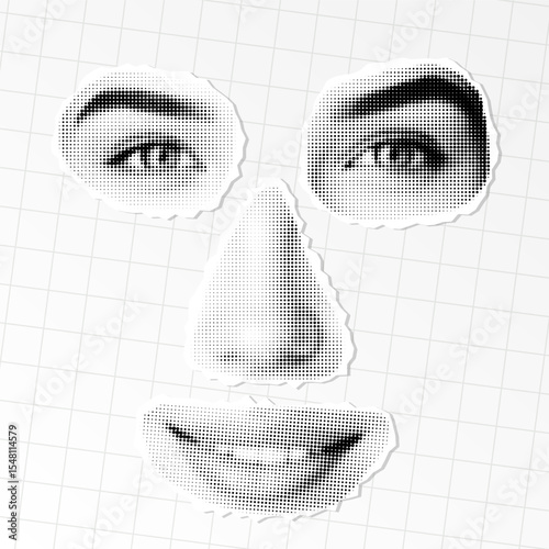 Halftone Facial Features Cutout – Vector Composition of Eyes, Nose, and Mouth on Grid Background

