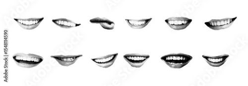 Set of Smiling Mouths in Halftone Style – Vector Collection of Lips and Teeth Expressions