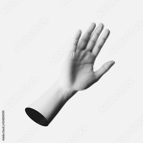 Halftone Human Hand Illustration – Isolated Raised Palm in Dot Style Vector

