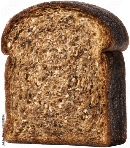 Freshly Toasted Dark Loaf Bread Slice Showing Grainy Texture and Crispy Crust on Transparent Background