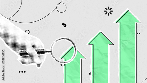 Business Growth Analysis with Magnifying Glass and Upward Arrows – Pop Art Vector Illustration