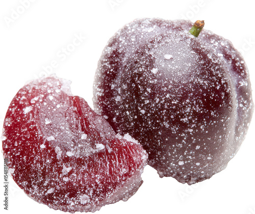 Frosted Purple Plum with a Bite Taken Out Sitting on a Transparent Background