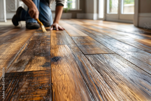 Close-up of waterproof laminate flooring being sealed by hand. DIY home improvement scene with textured wood-look planks and natural sunlight.