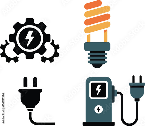 Renewable energy sources visualized with electric plug, charging station, and lightbulb.