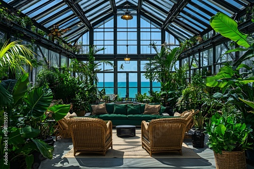 Grand greenhouse lounge with turquoise shore