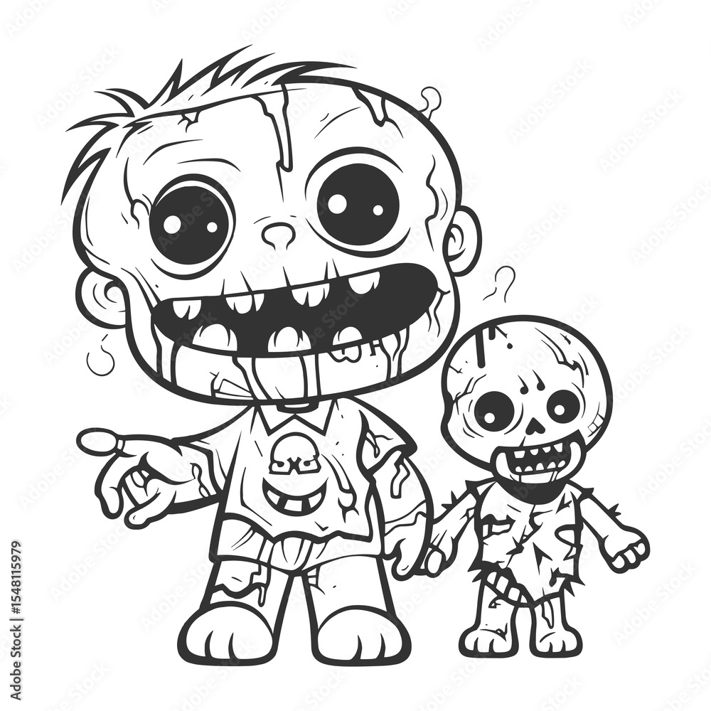 Obraz premium Cute Zombie Boy with Evil Doll – Cartoon Halloween Undead Character Line Art Illustration