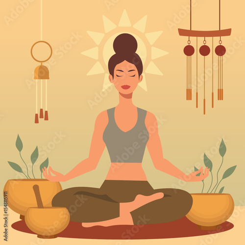 A woman having a sound bath with Tibetan singing bowls for stress management or anxiety relief. A person practicing self care with meditation for mindfulness and good mental health habits