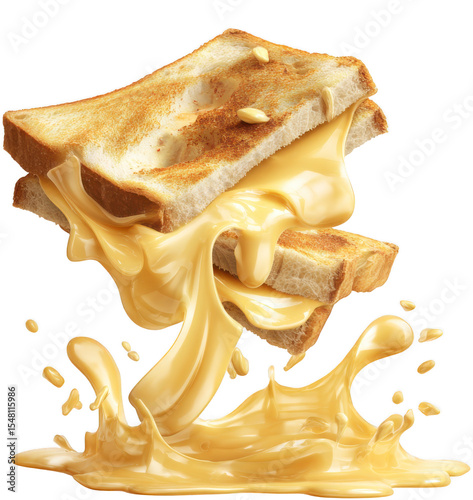 Melted Cheese Dripping From Golden Toasted Bread With Delicious Fluid Texture Over Black Background