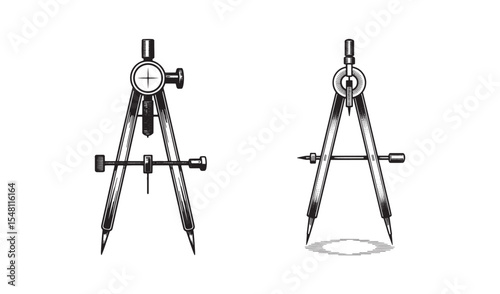 Vintage Engraved Compass set Illustration – Precision Drafting Tool in Retro Style