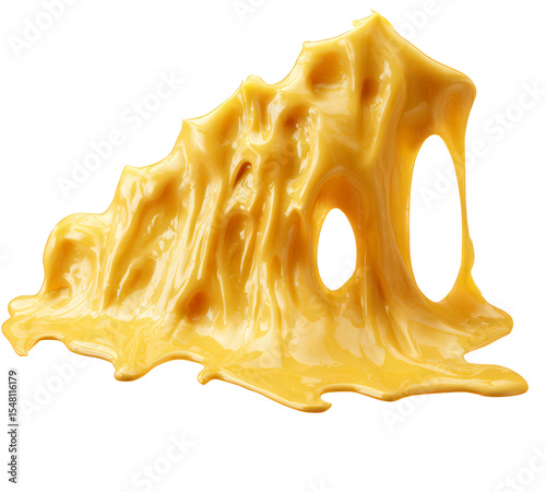 Melted Yellow Cheese Dripping on White Background with Glossy Texture and Smooth Appearance