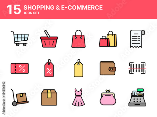 Shopping and e-commerce icon set includes essential icons like shopping carts, bags, price tags, credit card, and many more. Perfect for e-commerce, retail apps, and online marketplaces.