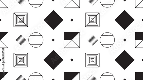 Seamless Black and White Abstract Geometric Pattern with Squares and Circles background