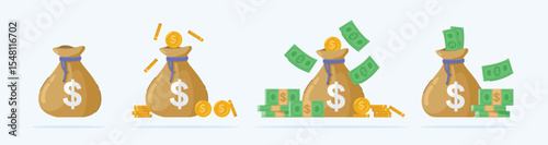 collection of money bags with various contents, wealth around scattered banknotes, gold coin money bags in flat style