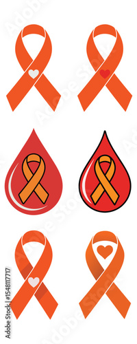 Orange awareness ribbons and drop icons with hearts, symbolizing support and health