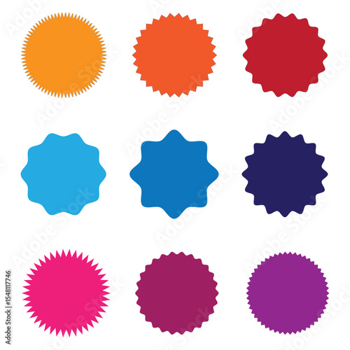 Star round sticker tag icon shape set. Circle starburst label shape for promo, sale, price offer badge sticker. Round tag shape vector icon. Sale, promo label graphic design. Vector ...