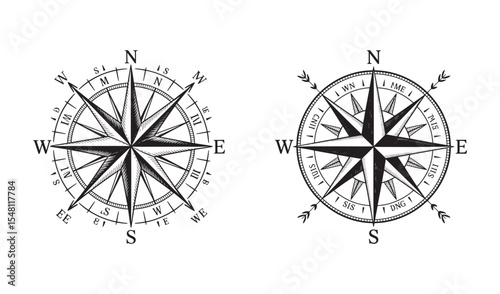 Vintage Compass Rose set– Hand-Drawn Black and White Nautical Illustration