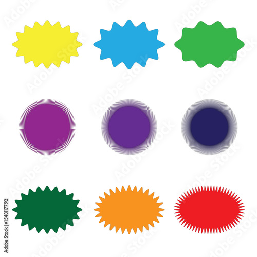 Star round sticker tag icon shape set. Circle starburst label shape for promo, sale, price offer badge sticker. Round tag shape vector icon. Sale, promo label graphic design. Vector ...