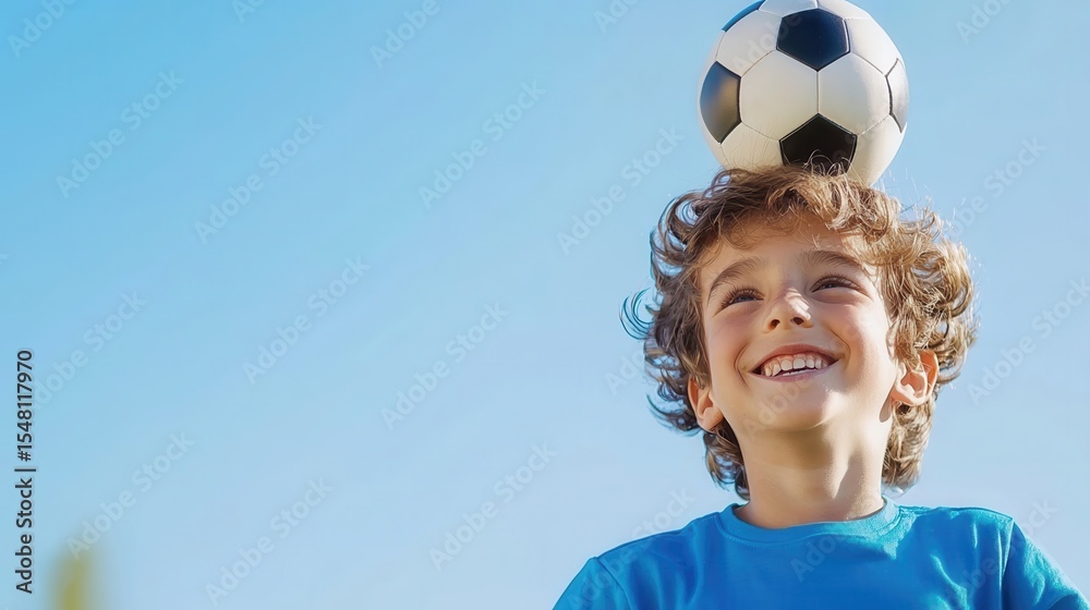 Obraz premium Young soccer player balancing ball on head, gazing upward under soft blurred lighting