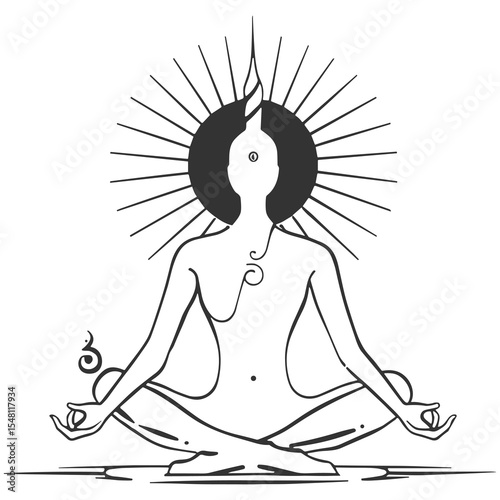Minimalist Buddha Meditation Silhouette – Enlightened Pose with Radiating Halo Vector Illustration