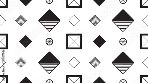 Seamless Black and White Geometric Pattern with Abstract Shapes