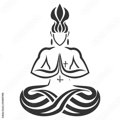 Abstract Yoga Pose Silhouette – Meditating Figure in Namaste Position with Tribal Style Elements