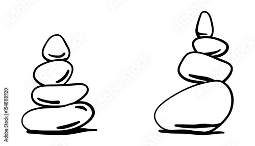 Set of zen stone cairns in doodle outline style. Hand drawn symbols of balance, harmony, yoga, and relaxation. Minimal boho stone pyramids. Vector clipart for posters or prints.