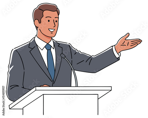 Professional Speaker at Podium Engaging Audience with Confident Body Language during Public Presentation on Leadership Concepts and Ideas
