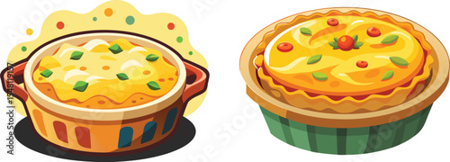 Hearty baked meal fresh from the oven golden crust vector art design