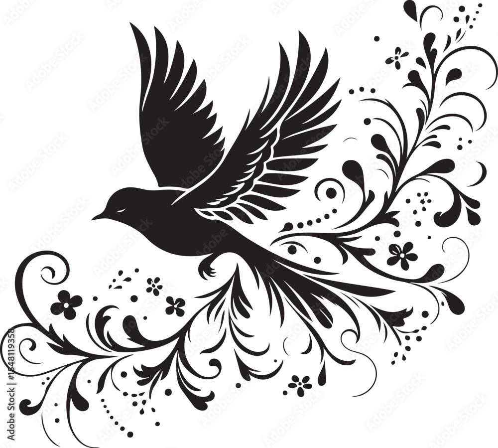 Obraz premium Flying Bird with Floral Swirl SVG