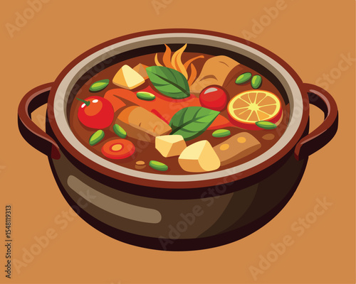 Hearty homemade stew in a rustic pot filled with vegetables vector art design 