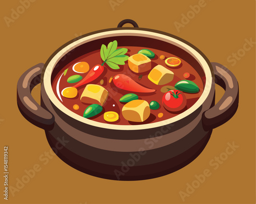 Hearty homemade stew in a rustic pot filled with vegetables vector art design 